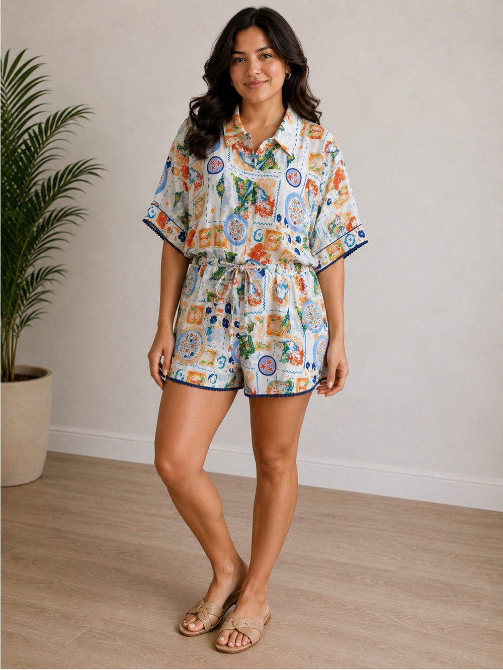 NEW Skylar Rose XL Mediterranean Coastal Print Romper Resort Vacation Amalfi